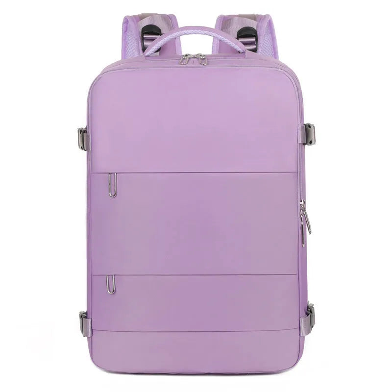 Large purple travel backpack for women showing multiple compartments and an air pillow belt system.