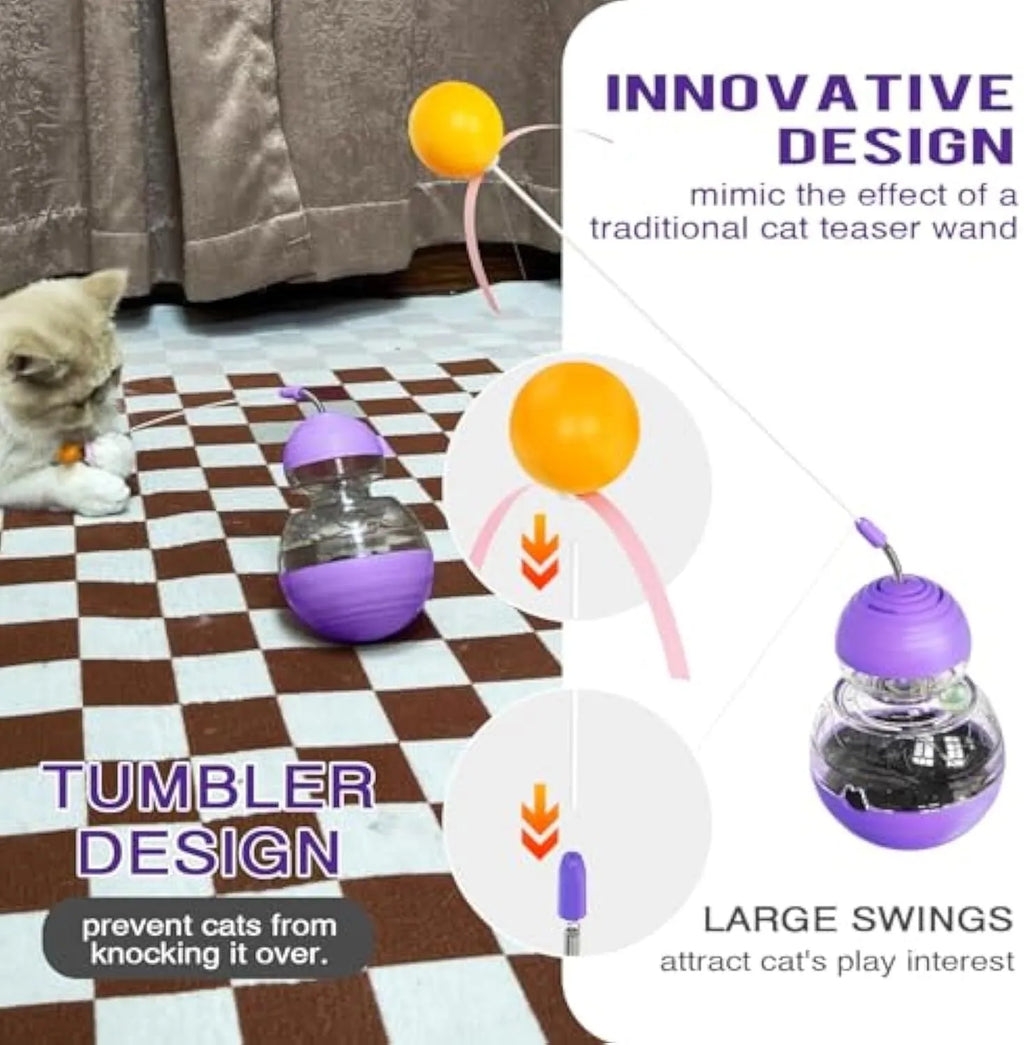 Electric yellow cat interactive wand toy with rocking base, teasing stick, and built-in food dispenser