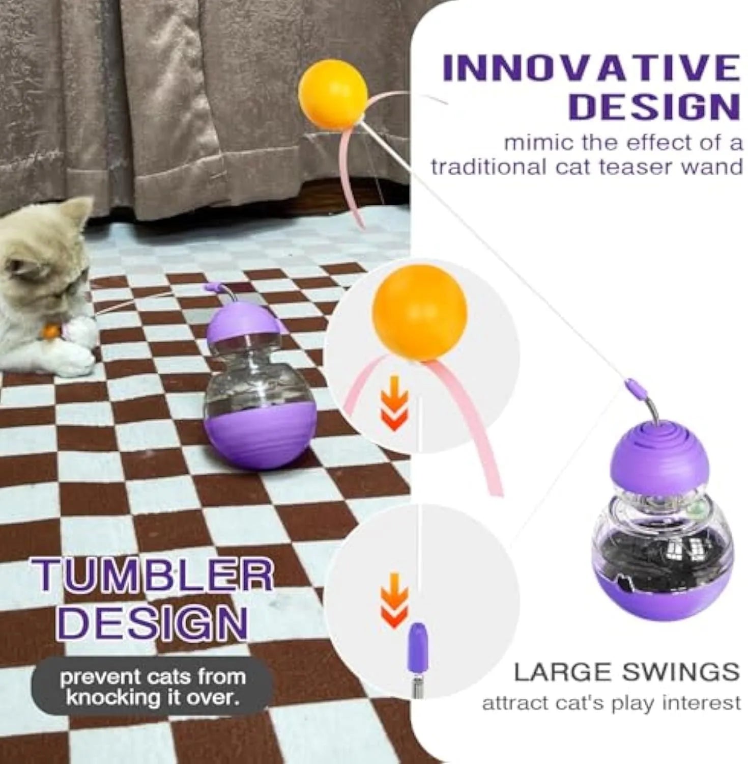 Electric yellow cat interactive wand toy with rocking base, teasing stick, and built-in food dispenser