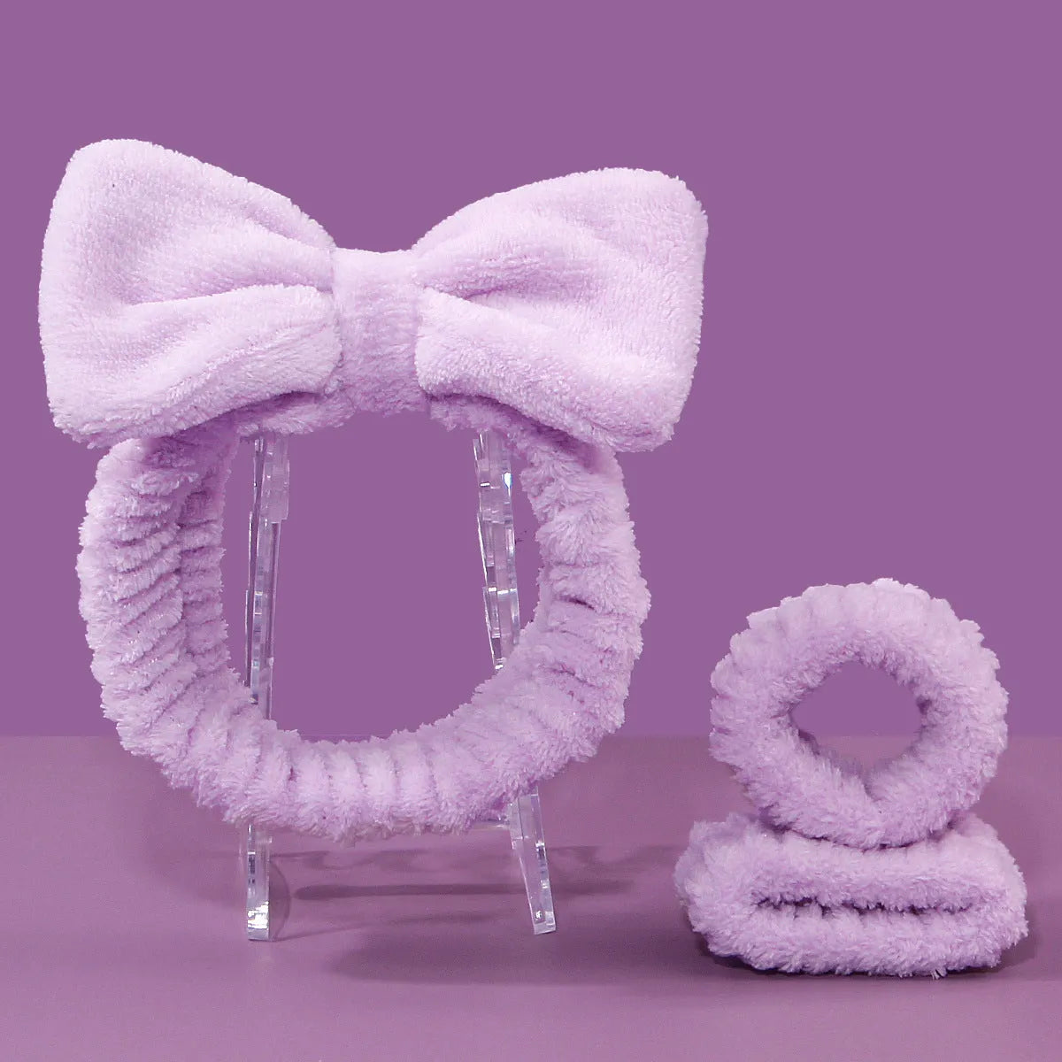 Facial brush set with coral fleece hair band and nylon bristles in multiple colour options