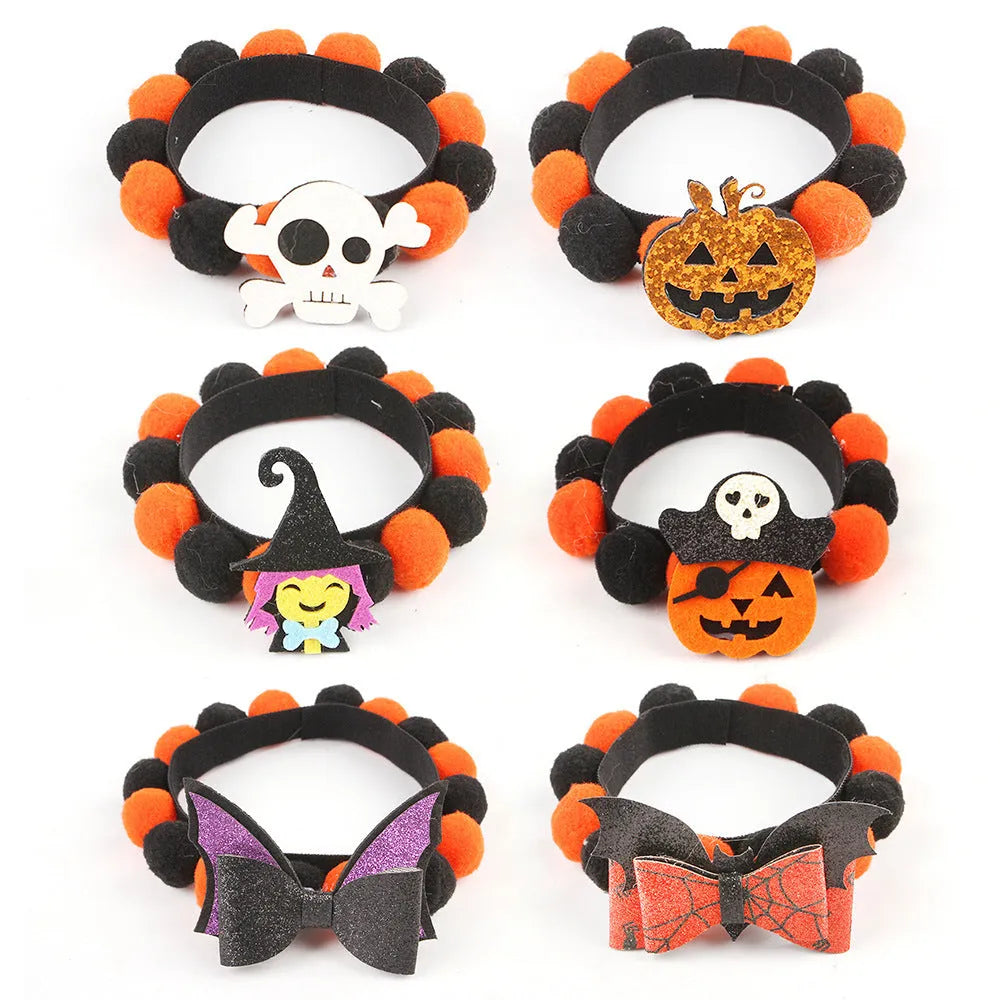 Halloween pet collar with fur ball decorations in various Halloween designs for dogs and cats
