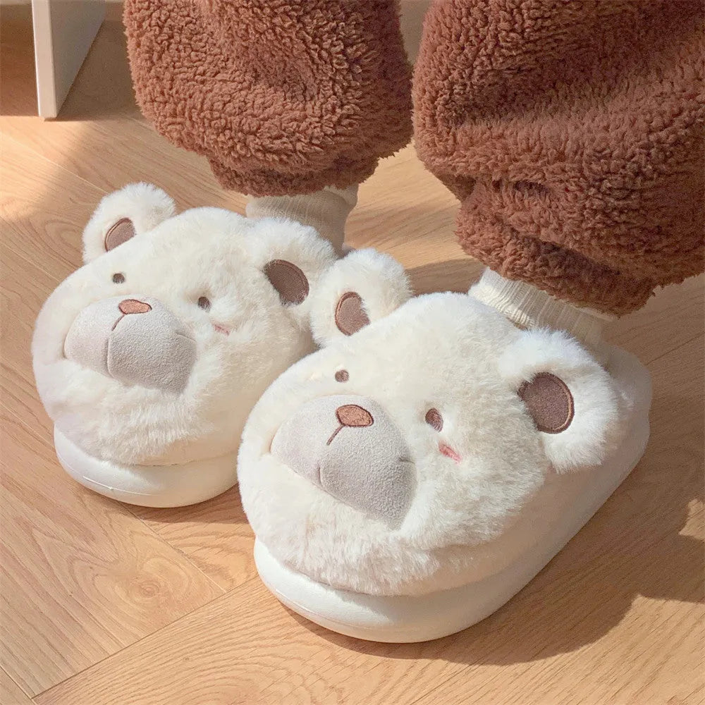 Women's cartoon pattern baotou plush slippers in khaki colour with round toe and suede upper