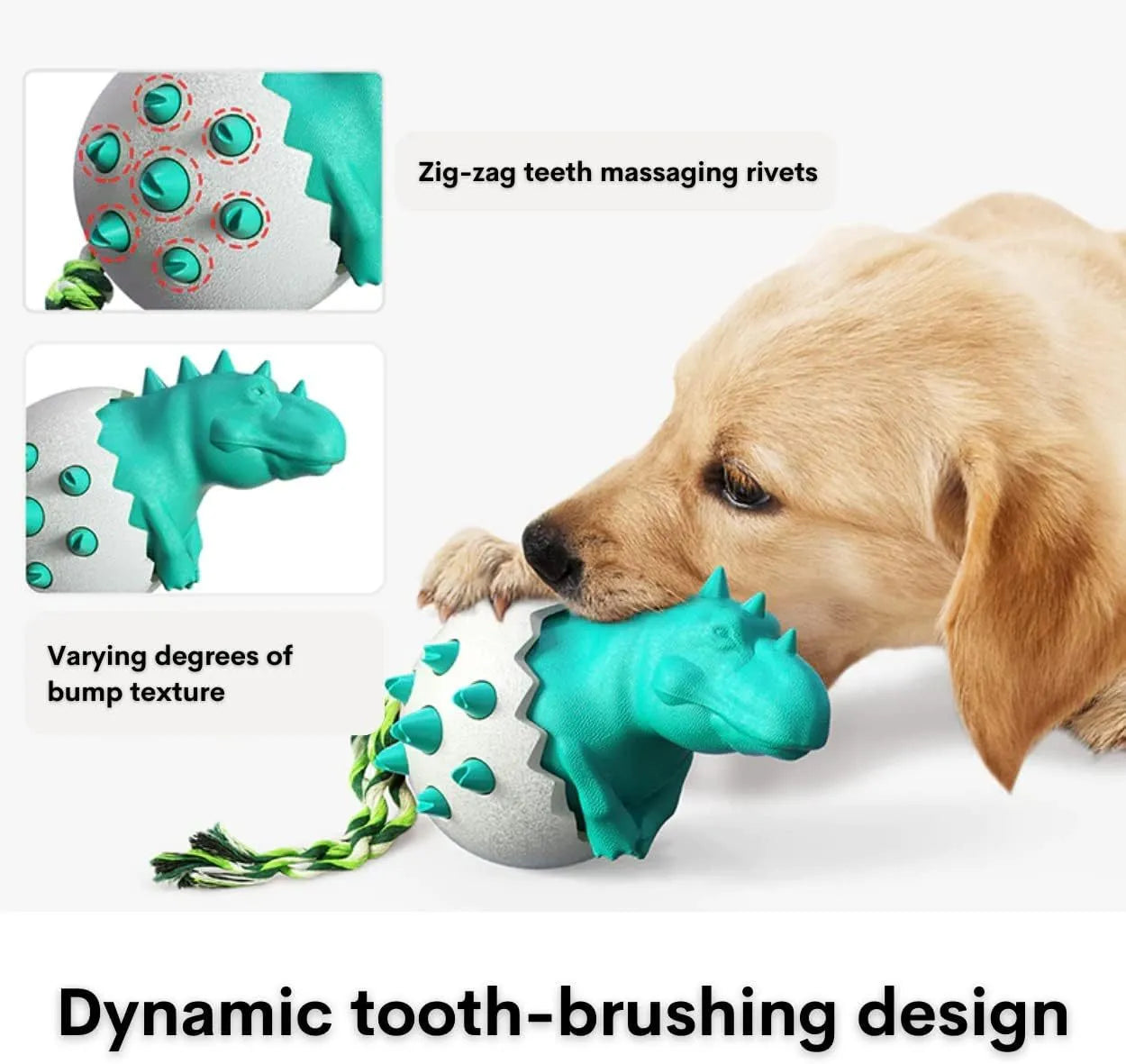 Blue durable dinosaur-shaped dog chew toy with an attached rope for aggressive chewers.