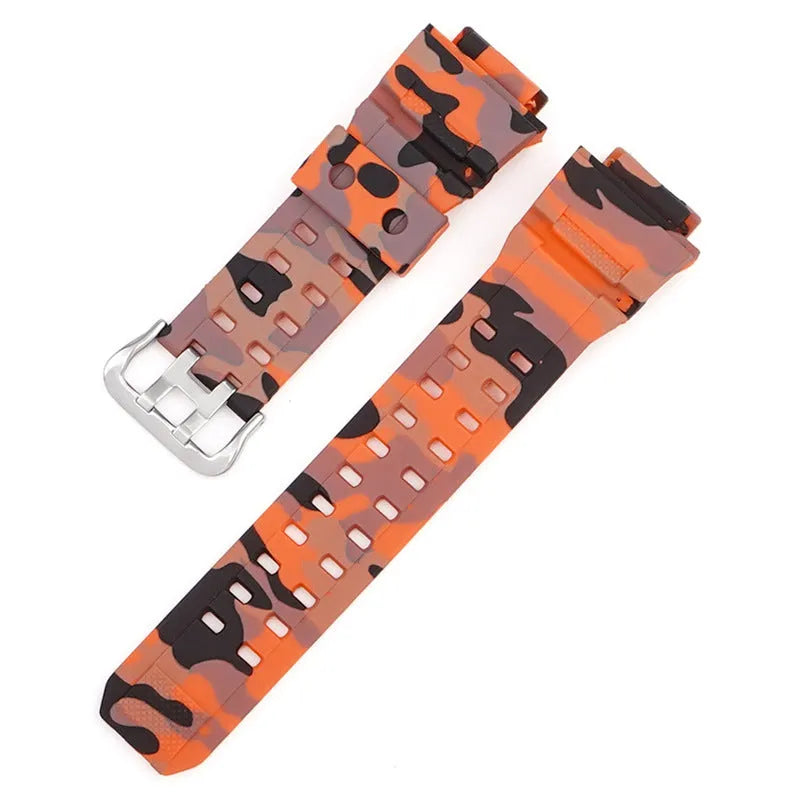 Camouflage pattern TPU rubber watch strap with a silver buckle.