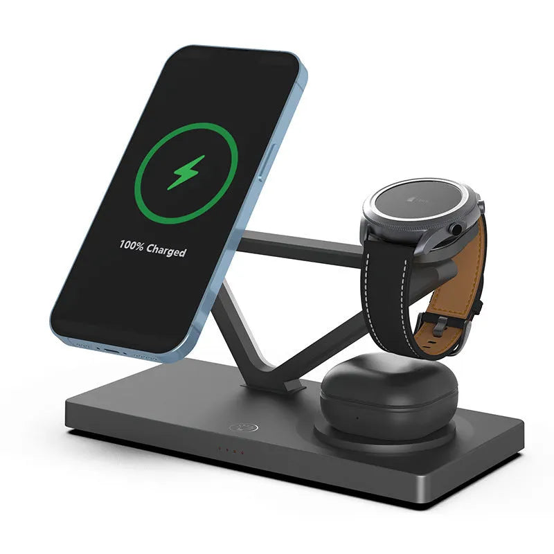 White five-in-one wireless charging night lamp showing magnetic phone bracket, watch pad, and circular base station.