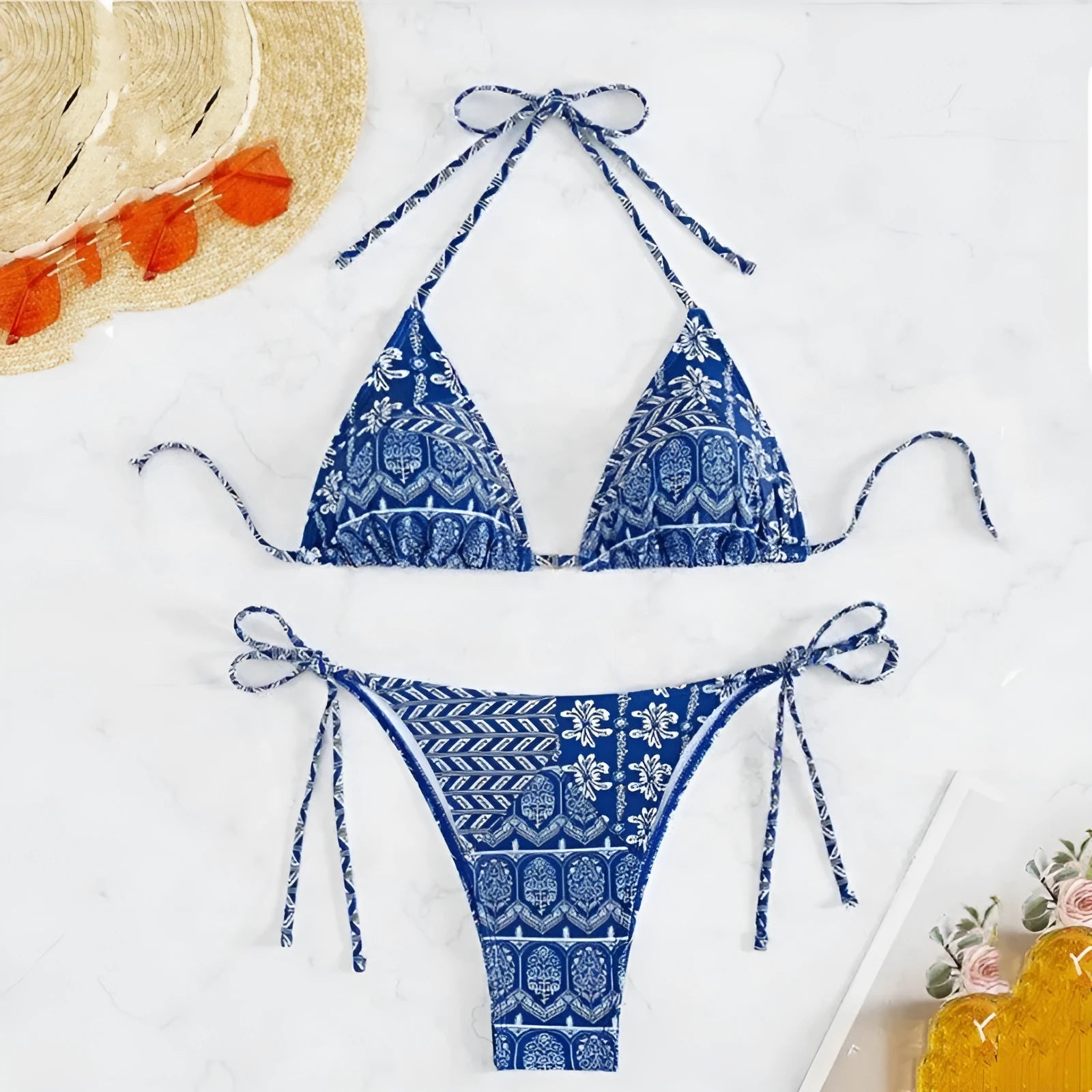 Split bikini bandage swimsuit with printing and stitching detail in polyester fabric