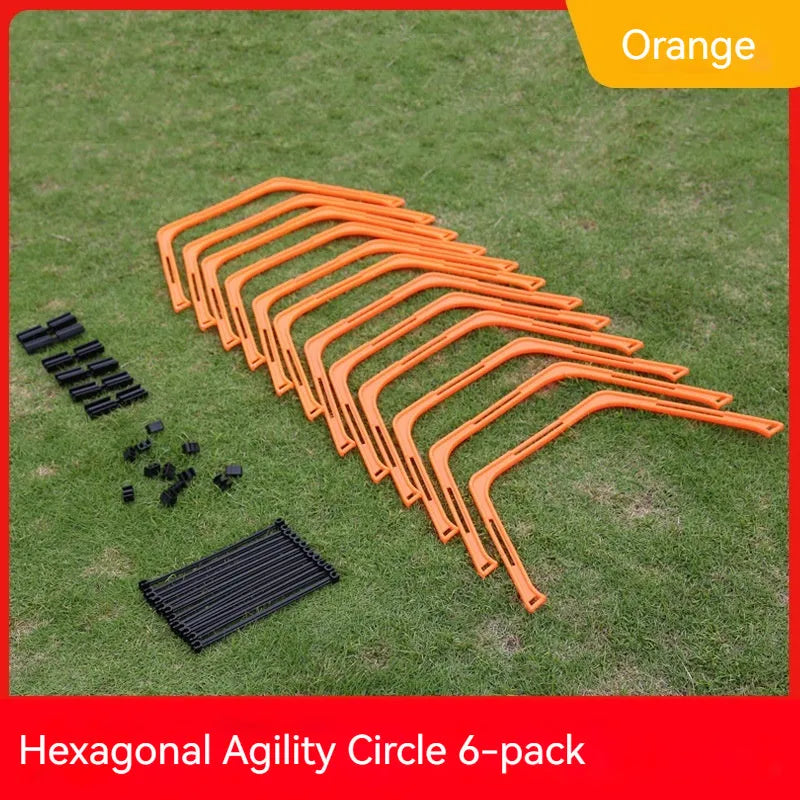 Set of six foldable yellow, green, and orange plastic hexagon football agility training rings laid out on grass.