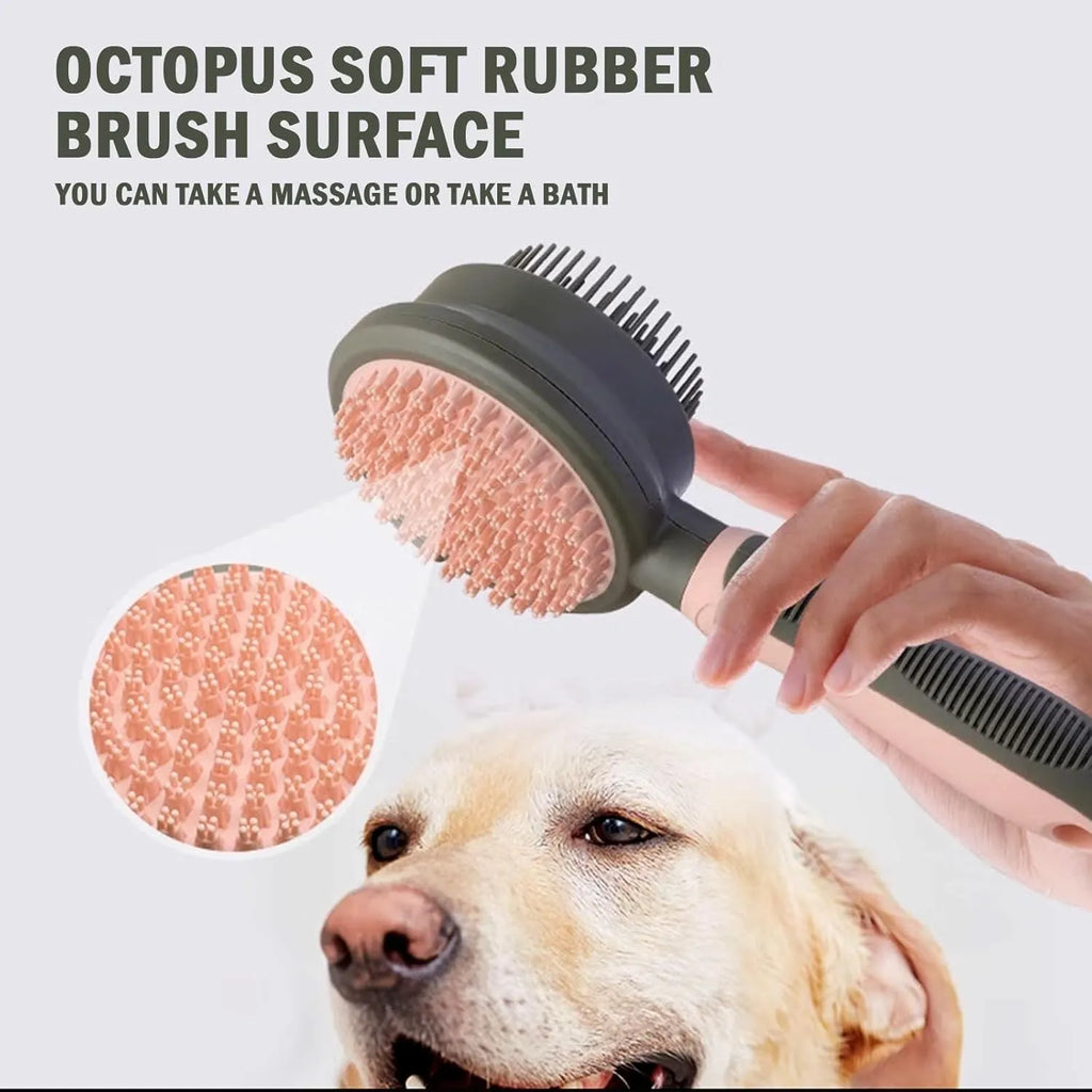 Pink and green double-sided cat brush with release button next to a flea comb.