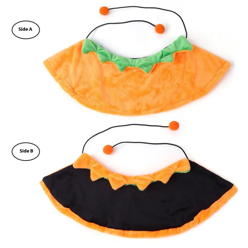 Orange double-sided pumpkin cloak costume on dog or cat with plush material and Halloween ornaments