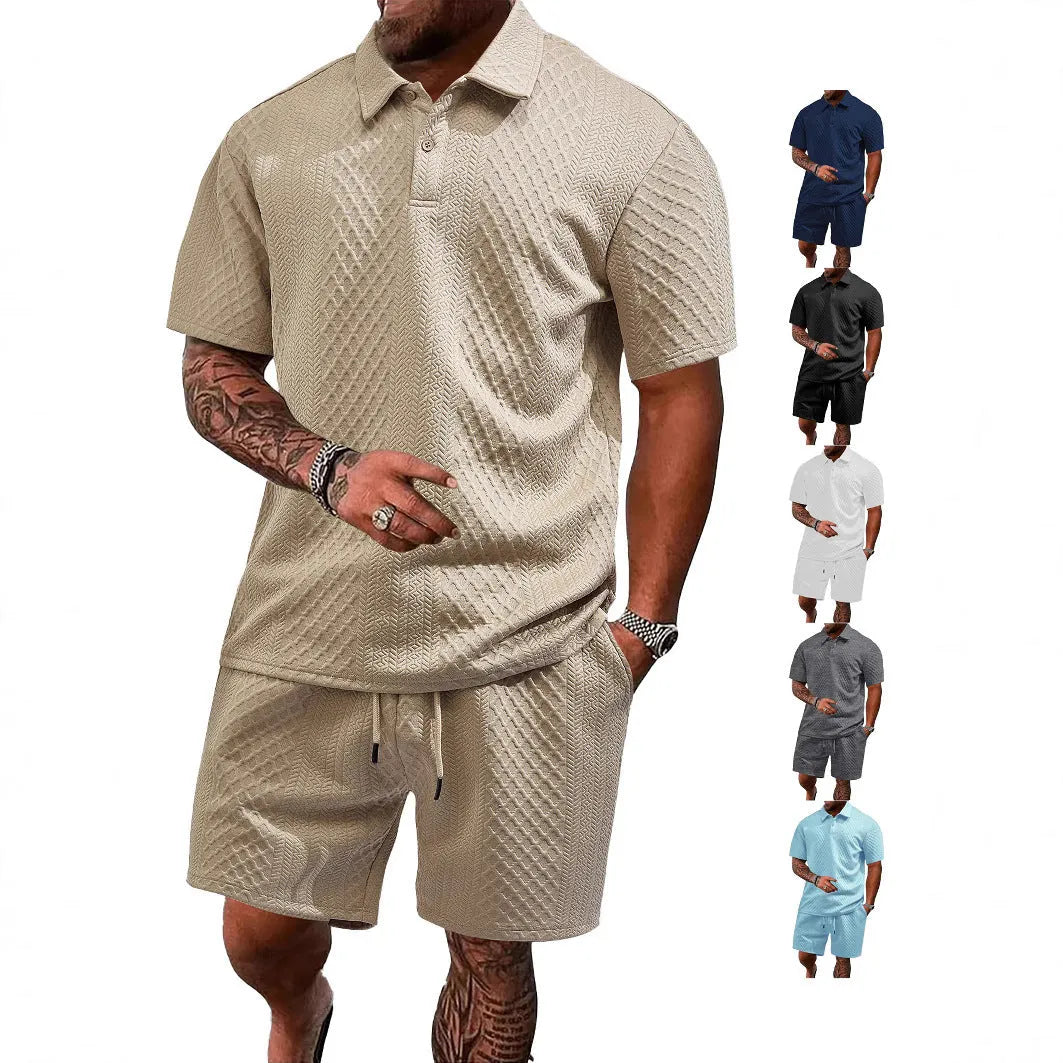 Men's patterned cloth casual suit set showing short sleeve polo shirt and trousers in multiple colour options