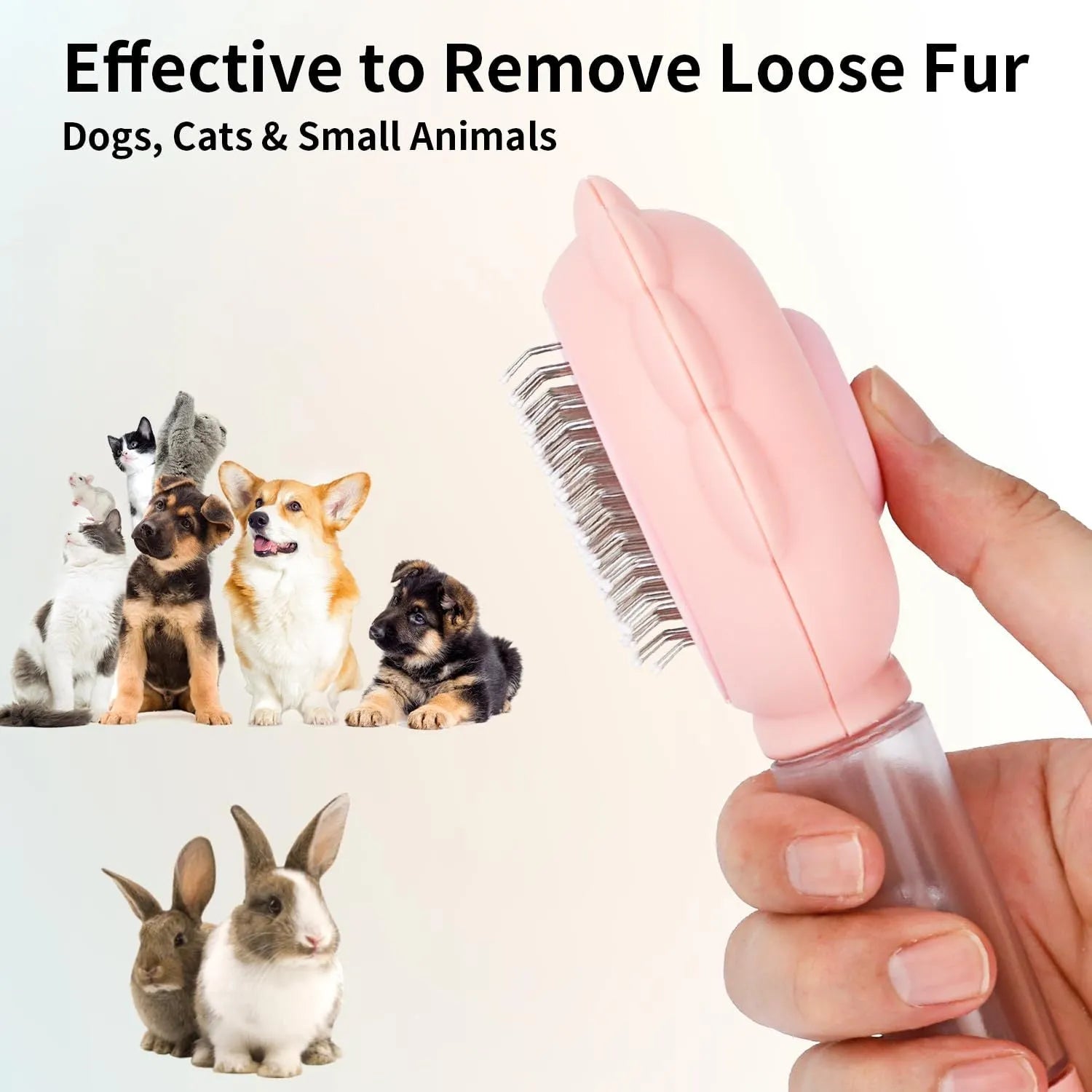 Grey, green, and pink spray cat brush with a release button and curved stainless steel bristles.