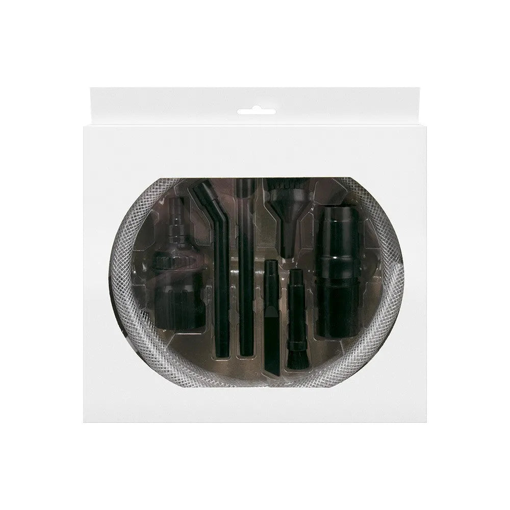 Eight-piece vacuum cleaner accessory set with small suction heads for detailed dust collection