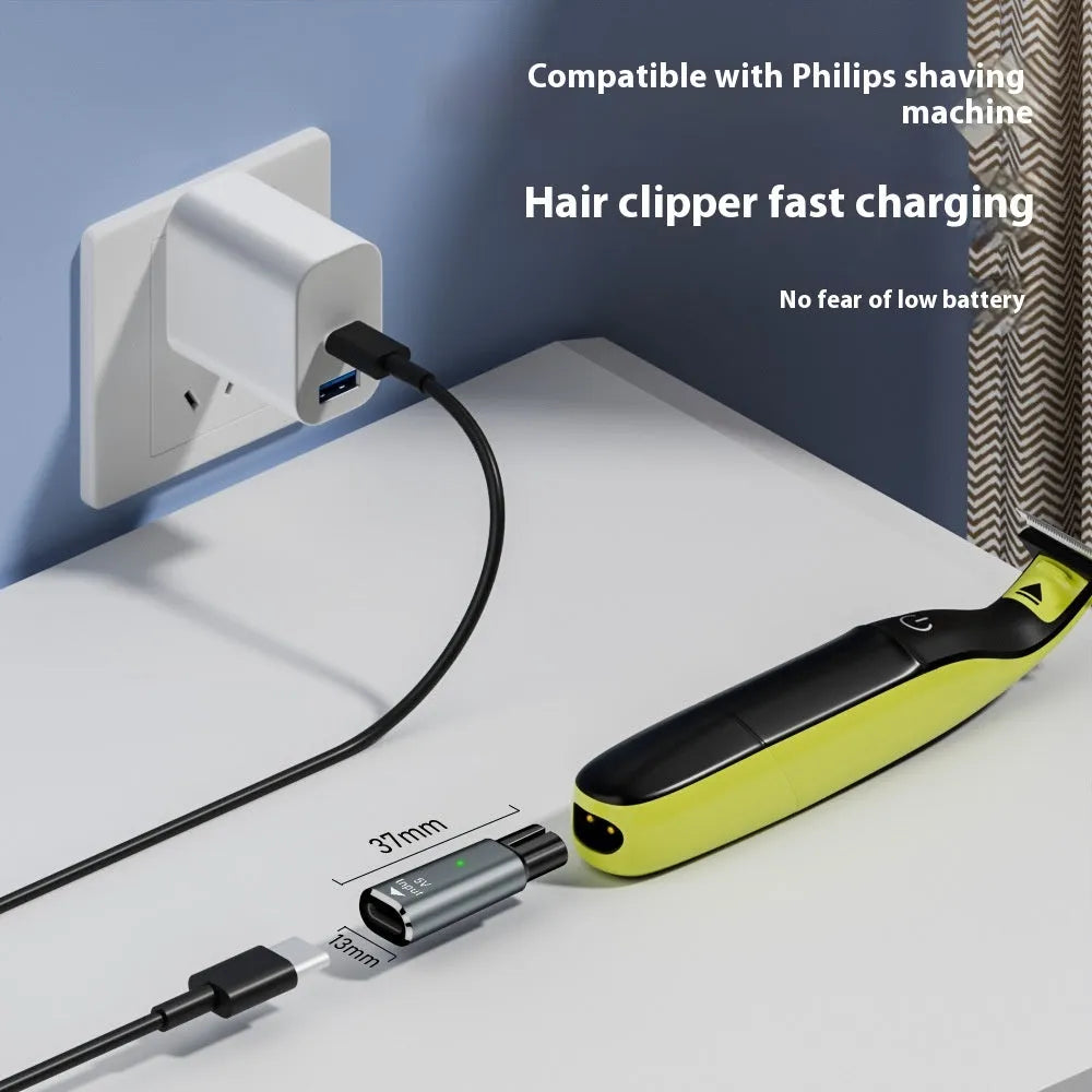 Black USB-C charging adapter for electric shavers and hair clippers with aluminium alloy construction