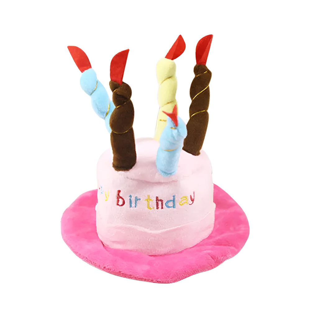 Blue and pink dog birthday hat shown with dimensions 21cm long by 15cm wide