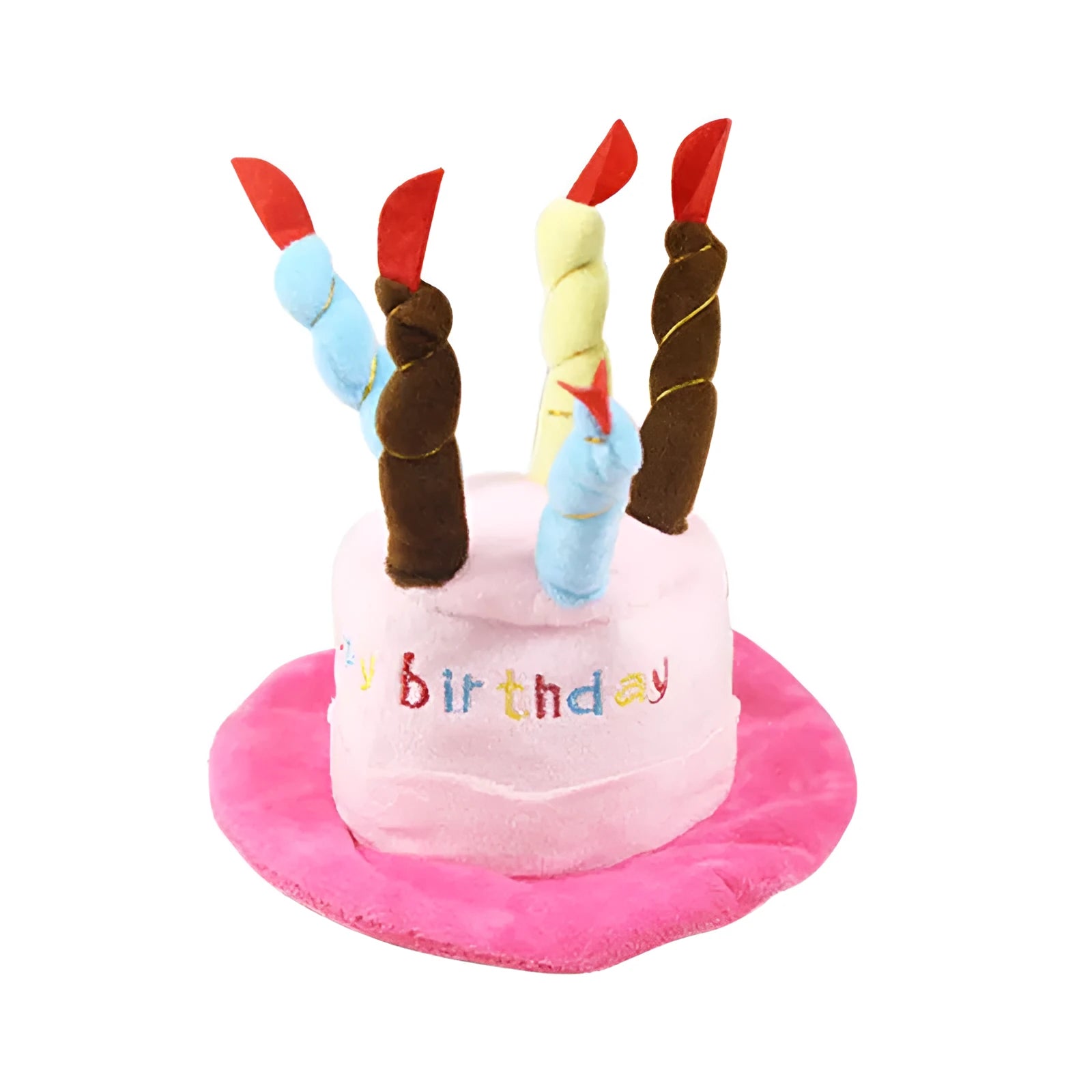 Blue and pink dog birthday hat shown with dimensions 21cm long by 15cm wide