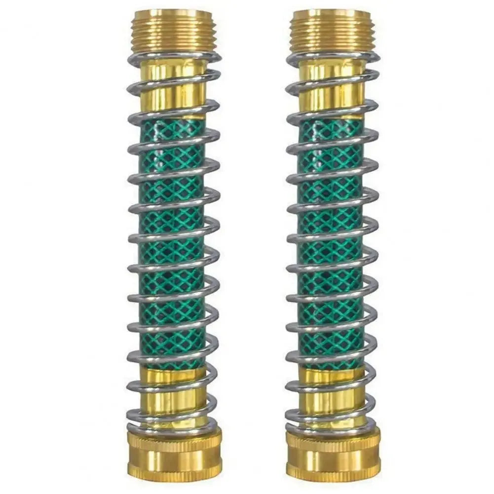 Brass garden hose spring connector with spiral anti-kink mechanism and threaded fittings
