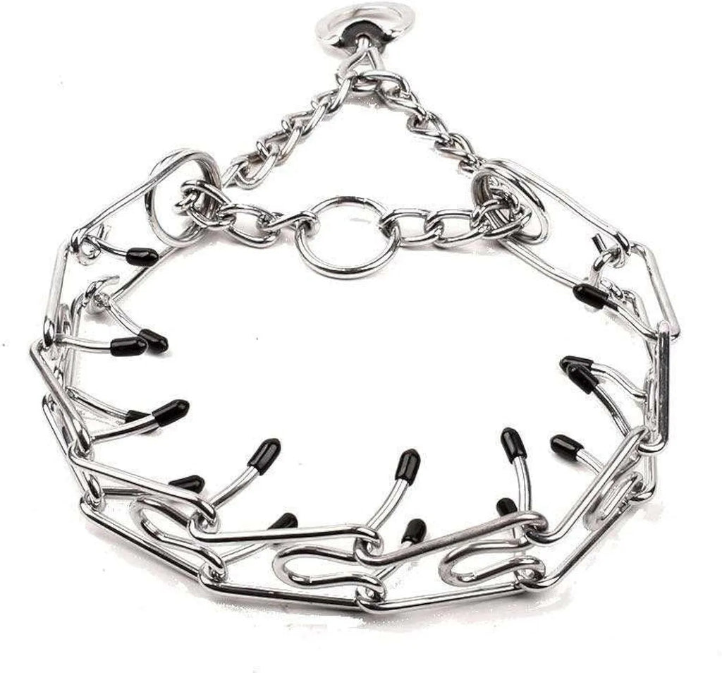 Adjustable stainless steel dog training prong collar with rubber tips in multiple sizes