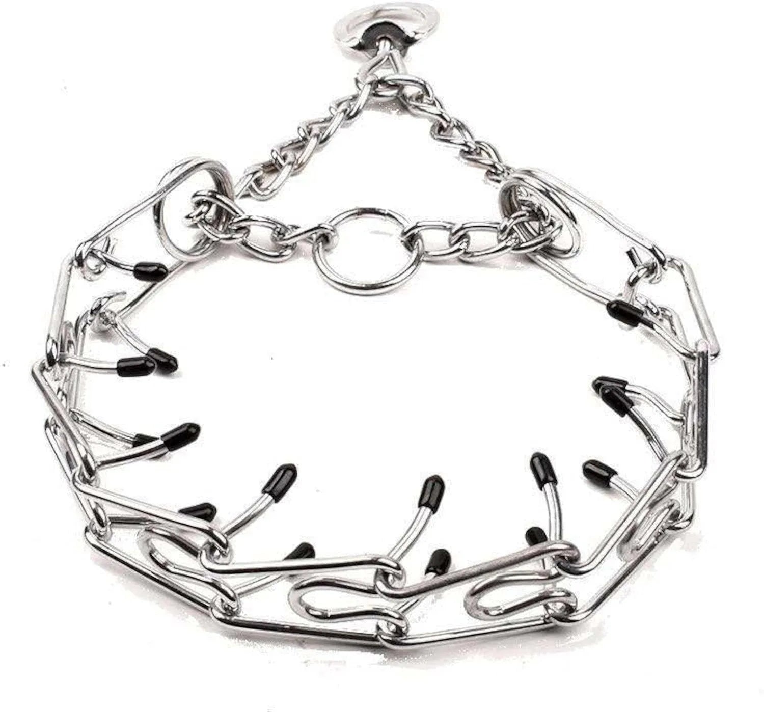 Adjustable stainless steel dog training prong collar with rubber tips in multiple sizes