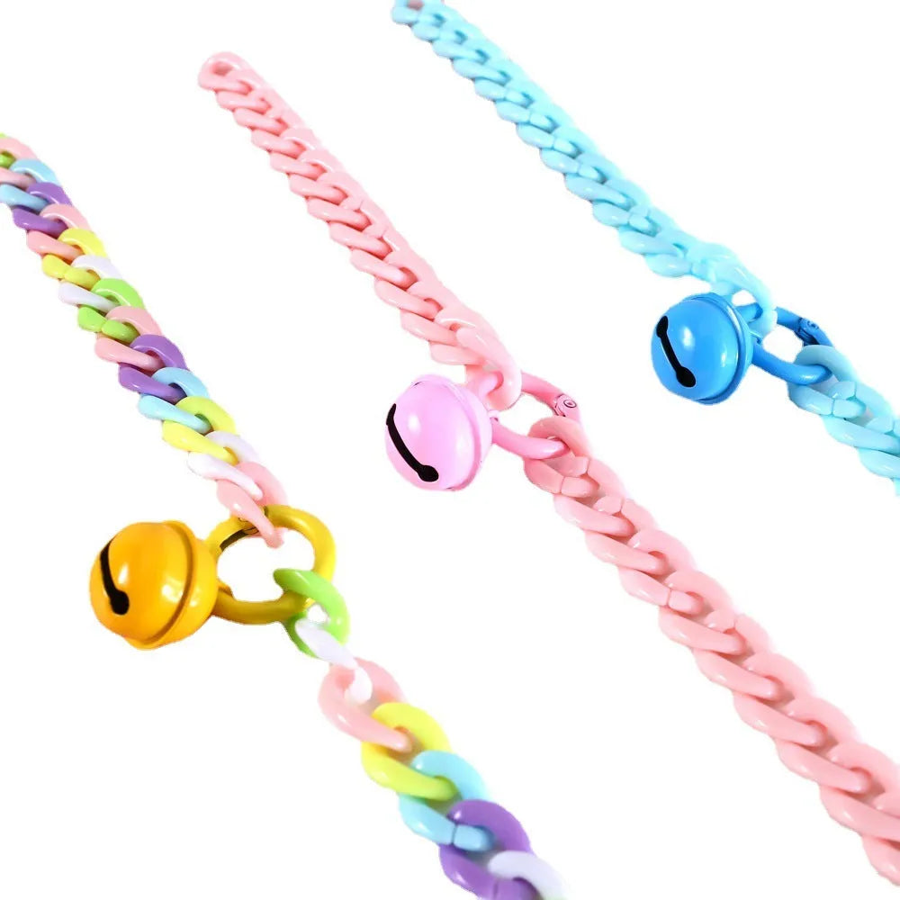 Plastic macaron candy colour chain-style pet collar for cats and dogs in blue, pink, and mixed colours.