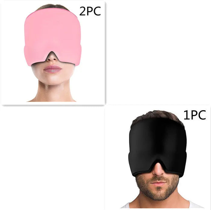 Black elastic cloth gel eye mask for headache relief showing adjustable design