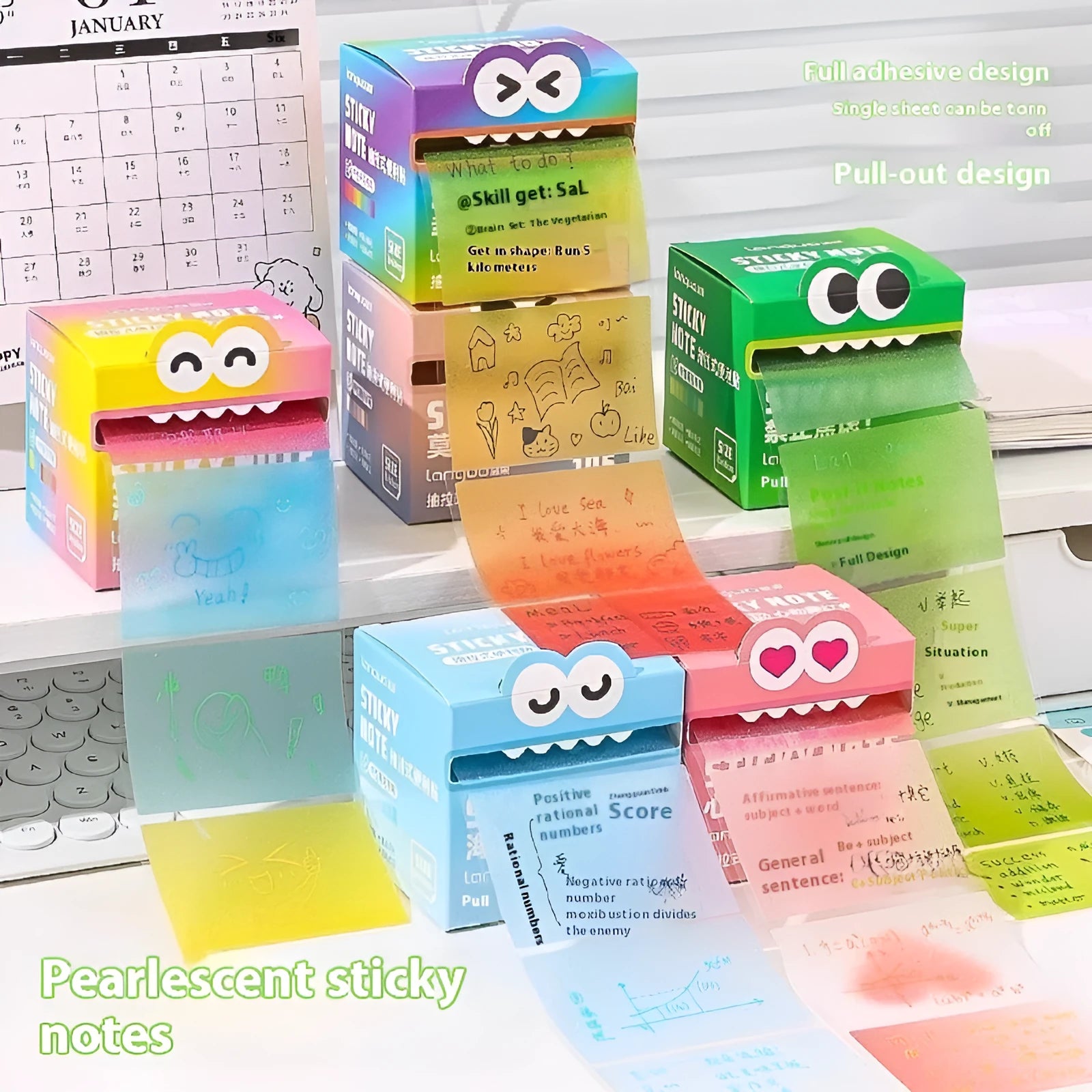 A5 pearl gradient transparent sticky notes showing rainbow colour transition with text visible underneath
