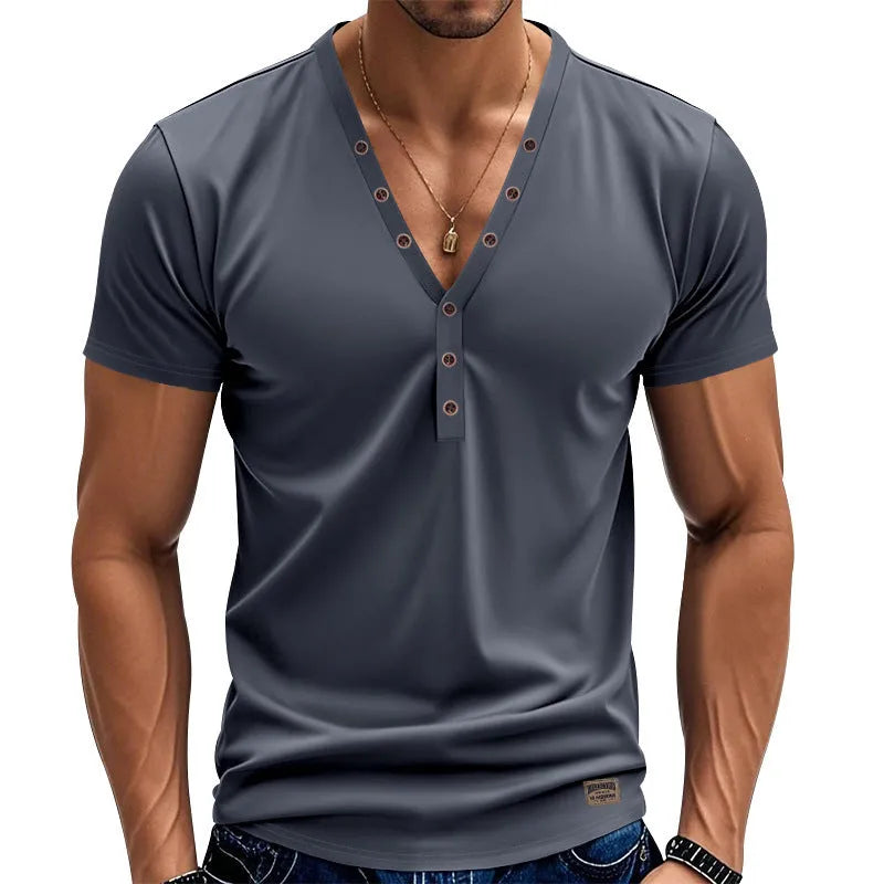 Men's loose thin V-neck button pullover top in light blue, shown in a casual setting.