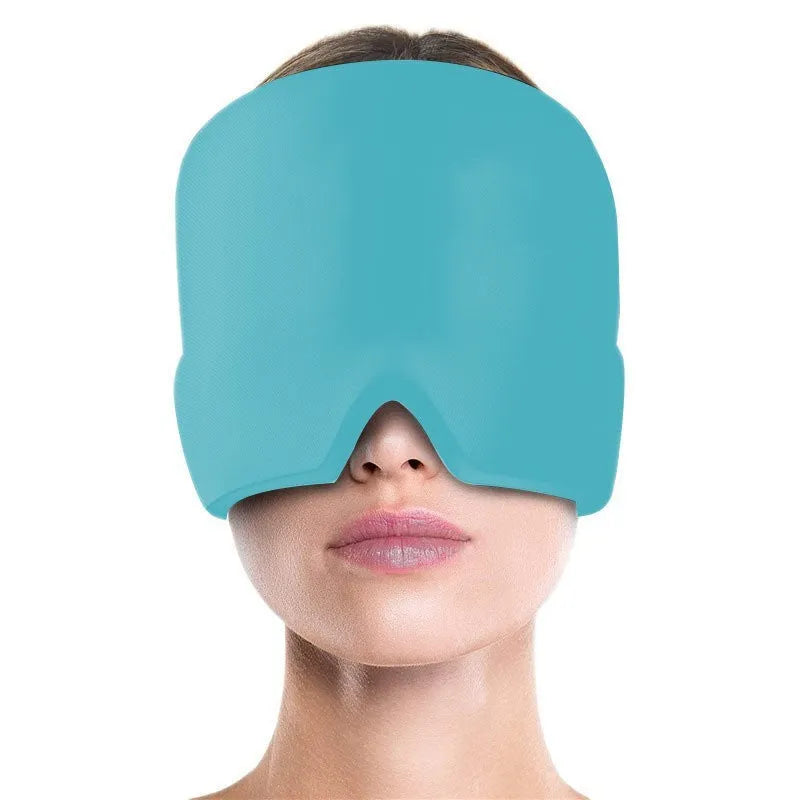 Black elastic cloth gel eye mask for headache relief showing adjustable design