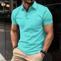 Men's solid colour short sleeve polo shirt with button lapel in a cotton blend fabric.