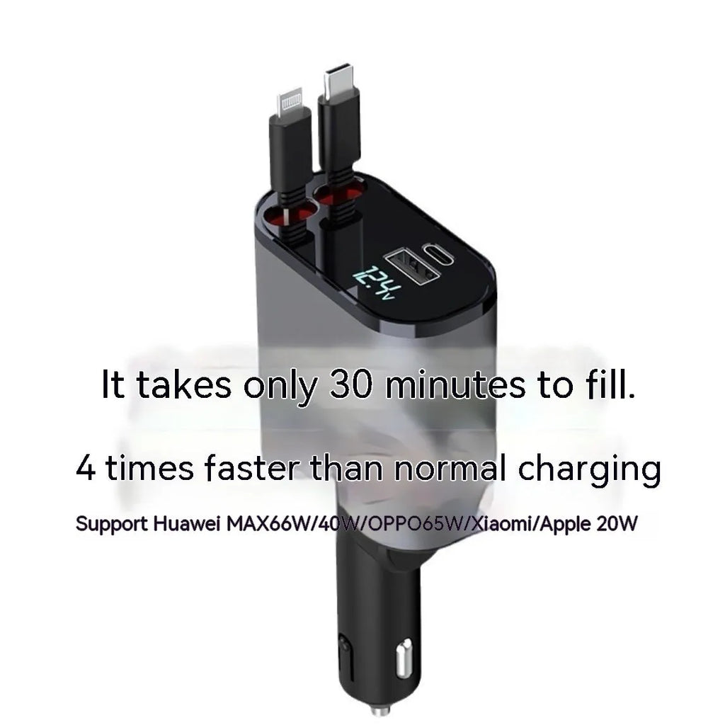 Black automatic retractable car charger with USB ports for Apple and Huawei devices
