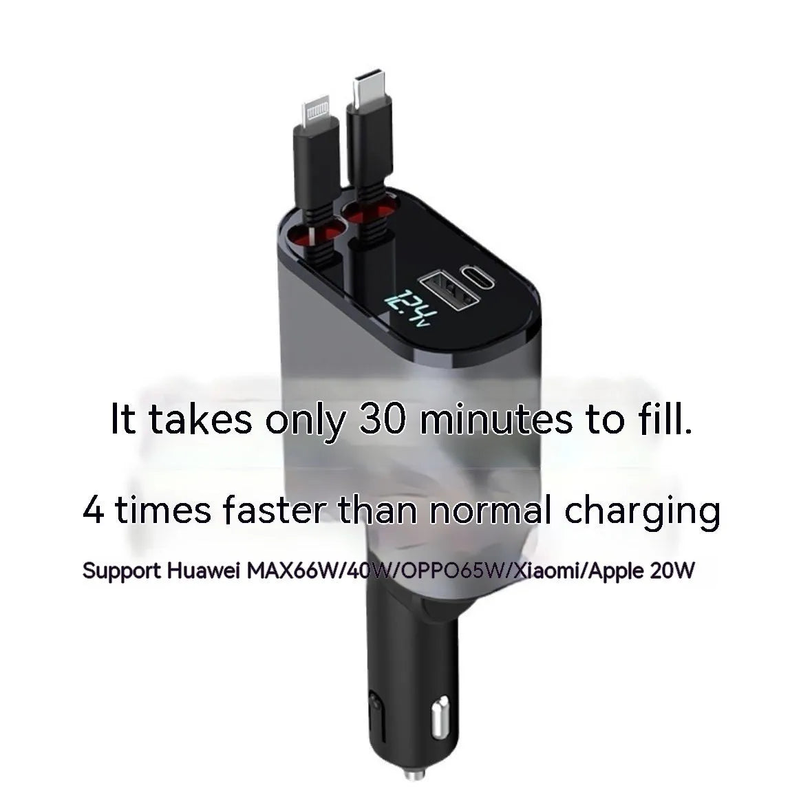 Black automatic retractable car charger with USB ports for Apple and Huawei devices