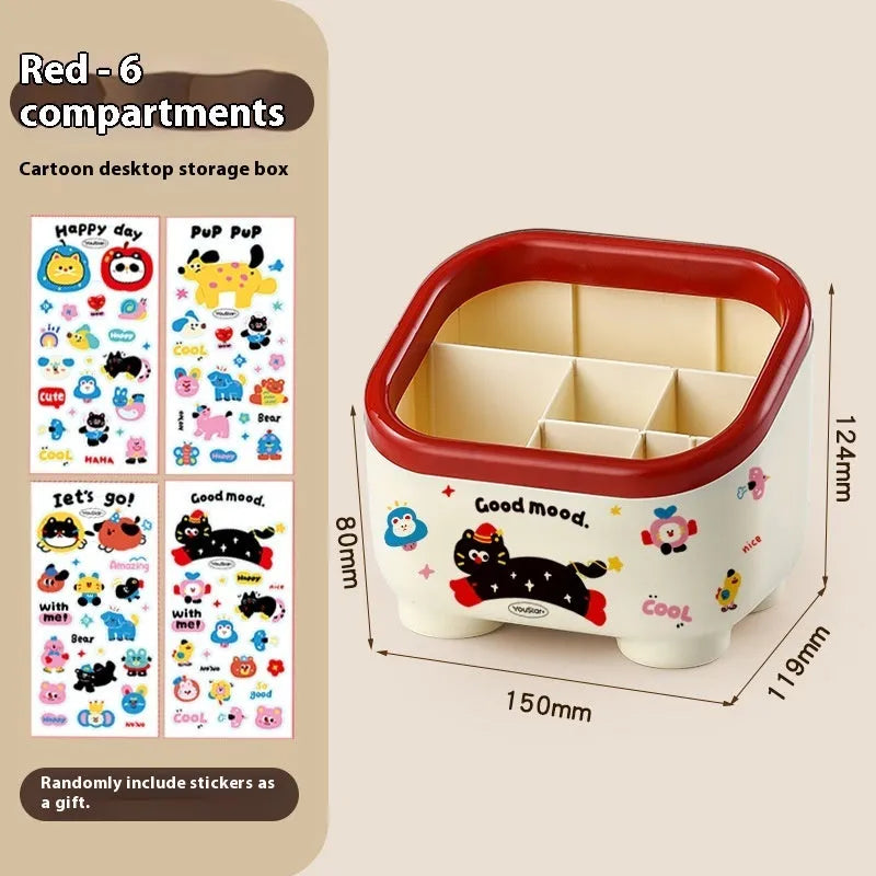 Plastic desktop storage box with cartoon stickers showing 2L capacity for stationery organisation