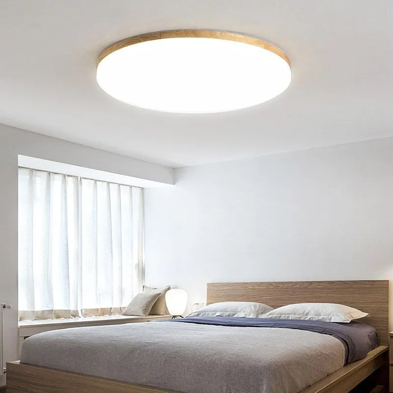 Japanese minimalist LED ceiling lamp with wood art base and acrylic shade in three size options