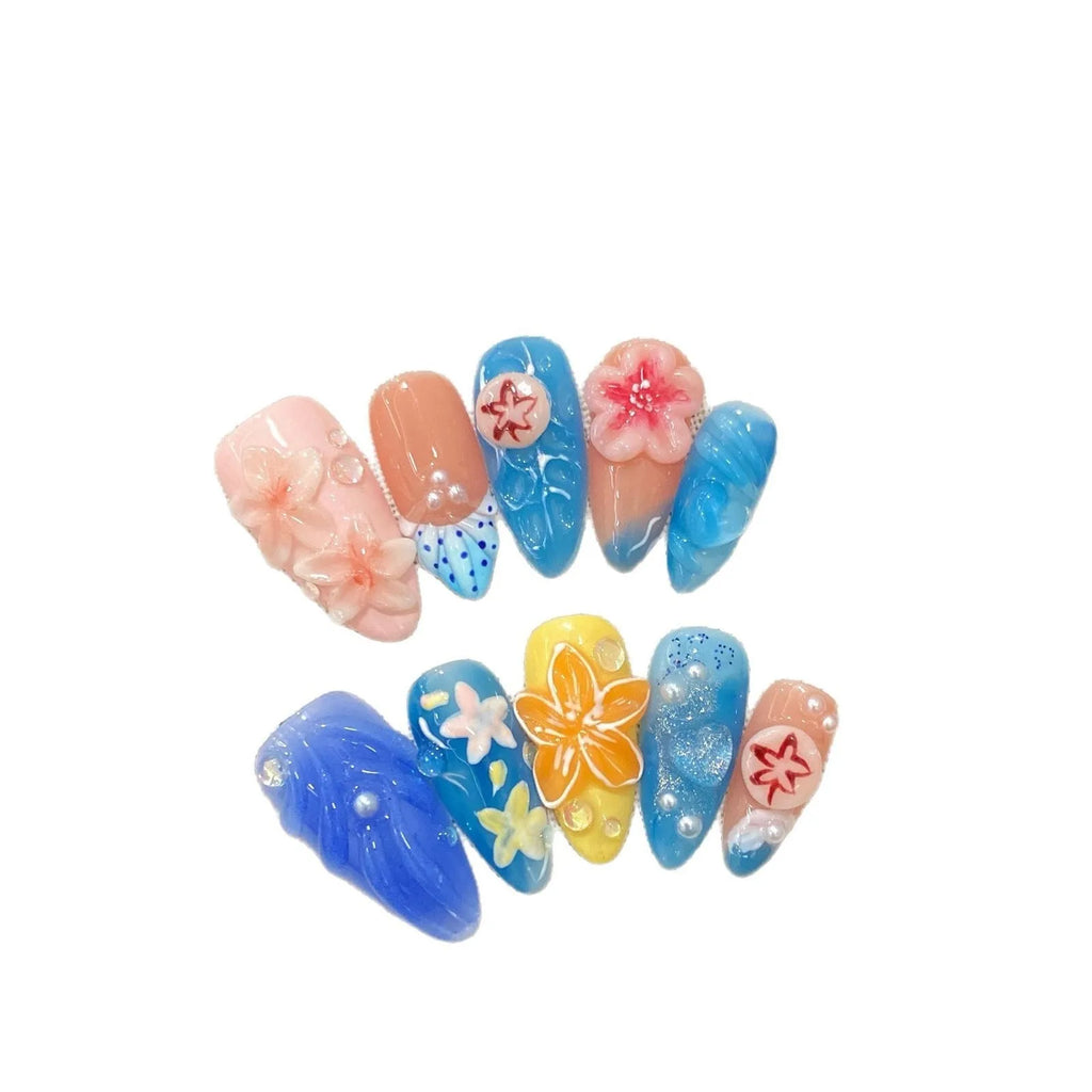 Three-dimensional carved jellyfish design wearable armour in almond nail colour with rose and tulip patterns