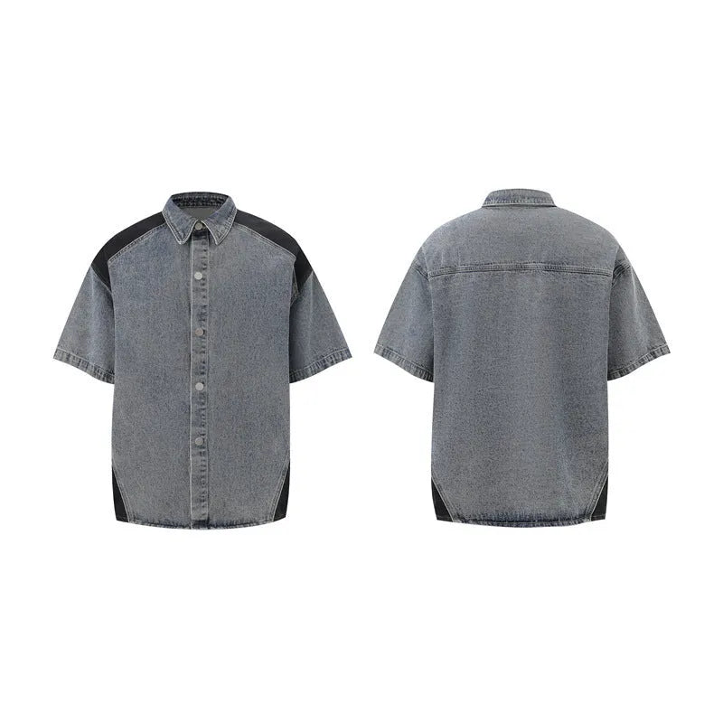 Retro washed denim short-sleeved jacket and trousers suit set in black colour