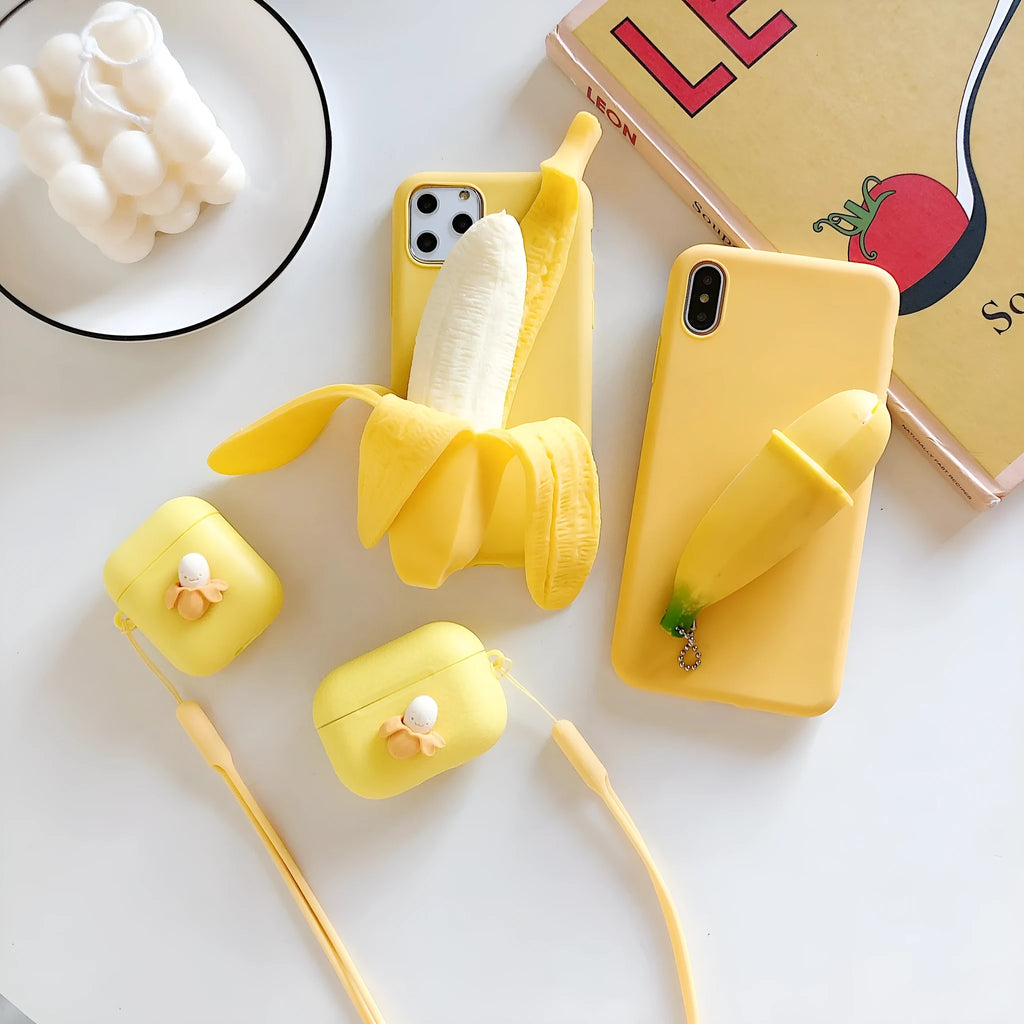 Squeeze the banana graphic on an open banana coloured IMD back cover case for iPhone.