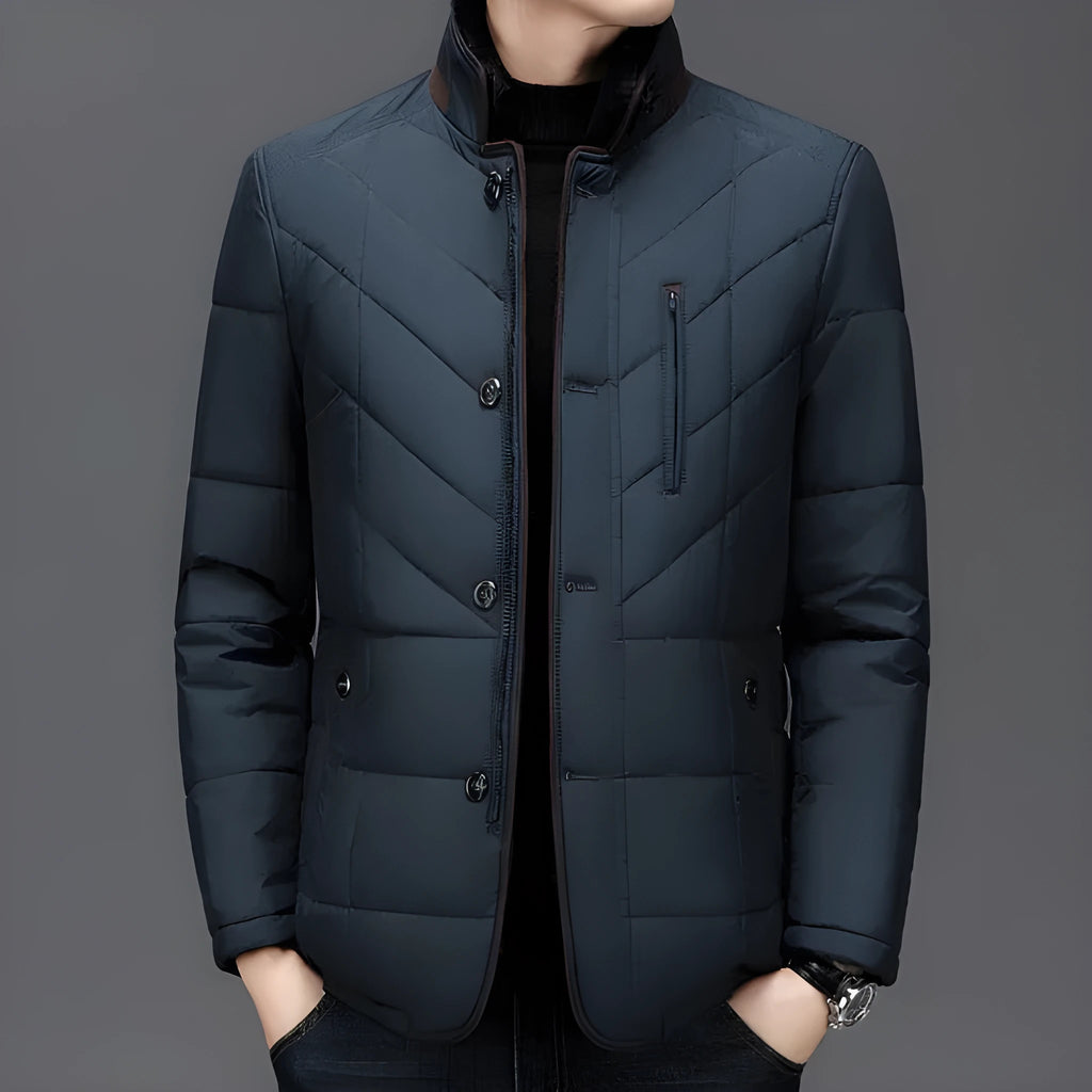 Men's dark blue short winter coat with side seam pockets and cotton-padded filler.
