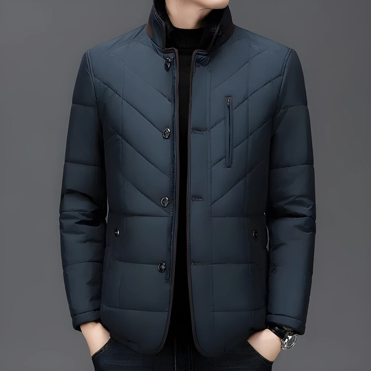 Men's dark blue short winter coat with side seam pockets and cotton-padded filler.