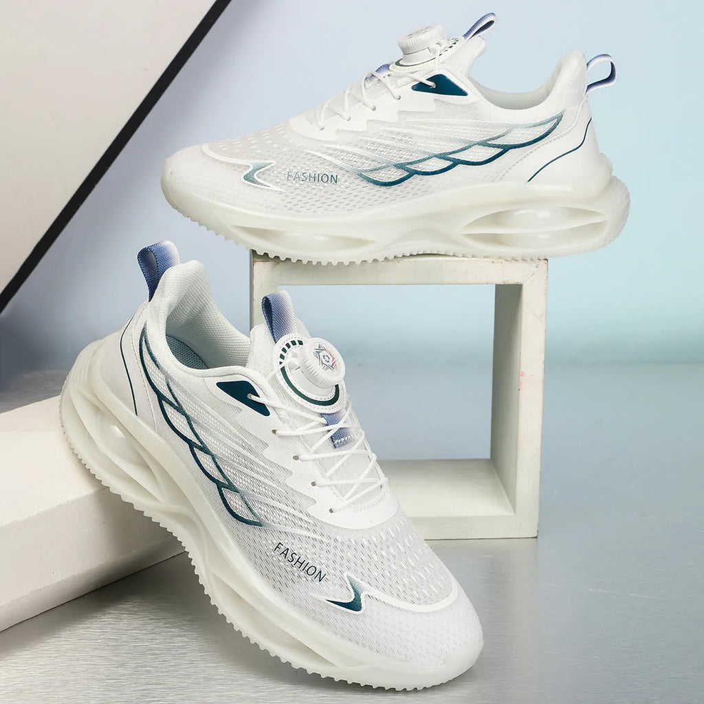 Casual breathable running shoes in sky blue with PU mesh upper and rubber sole.