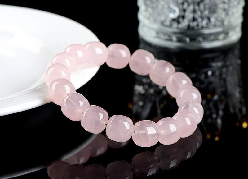 Natural bamboo crystal barrel bead bracelet with 11-12mm pink geometric stone beads and original design