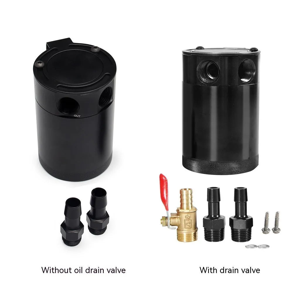 Aluminium automotive oil breather pot with two mounting holes in black and silver colour options