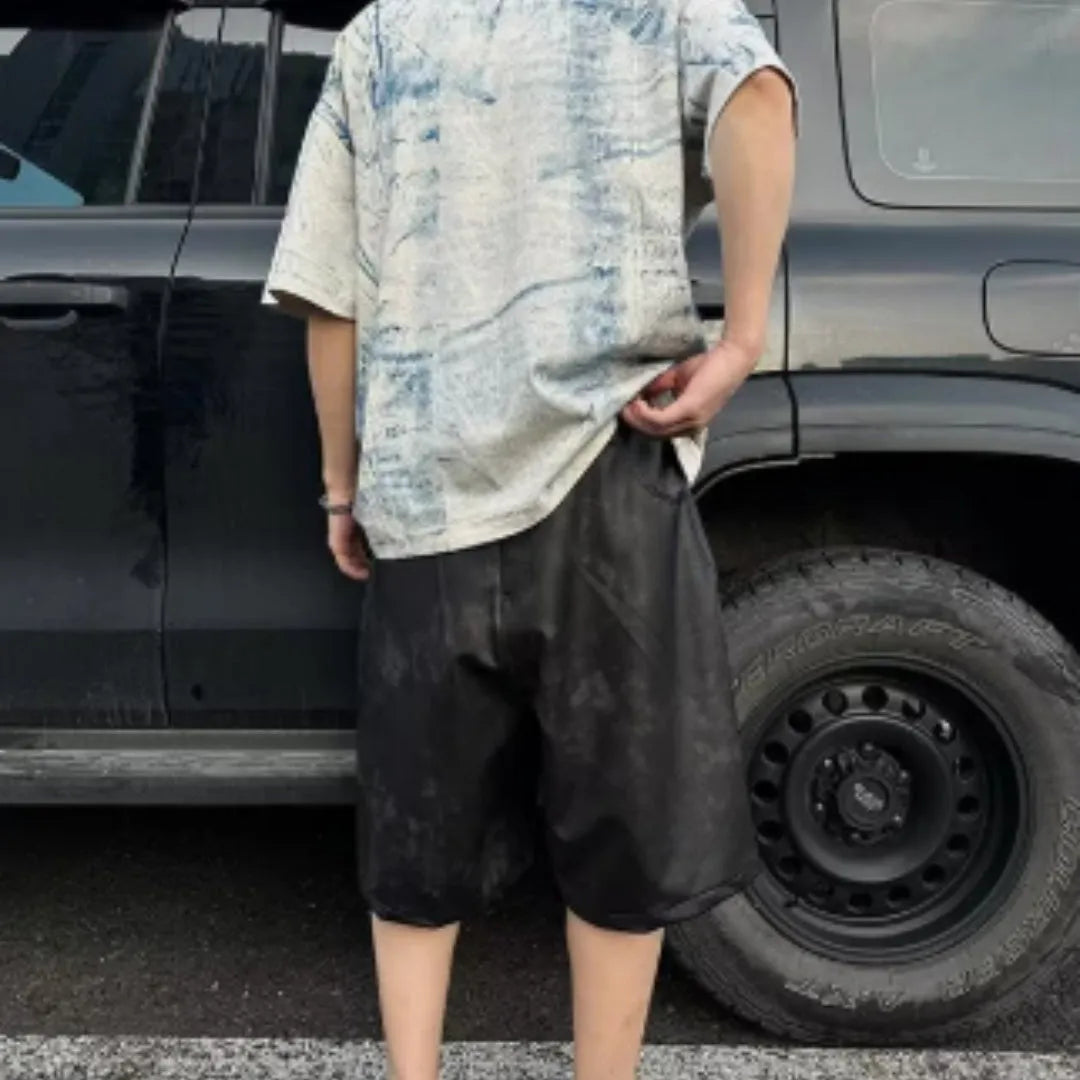 Korean loose fit summer T-shirt with dirty print and tie dye design on polyester fabric.