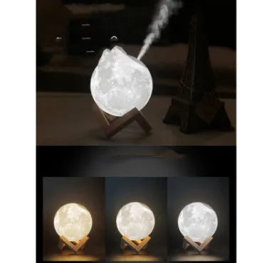 Lunar-shaped humidifier night light with 13cm diameter PVC ball, showing clean white LED illumination