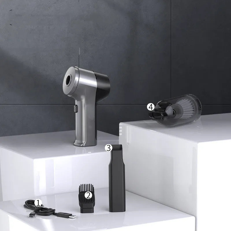 Handheld and vertical vacuum cleaner with brushless motor mounted in car with charging cable and accessories bag