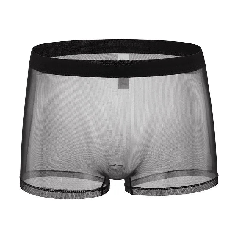 Men's mesh boxer briefs in thin sheer polyester fabric with low waist design