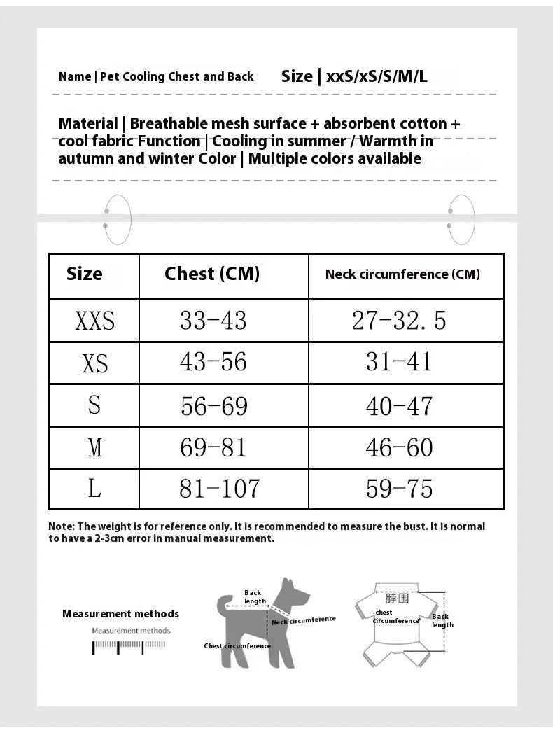 Reflective light blue polyester chest strap harness for a dog on a size chart showing XXS to L.