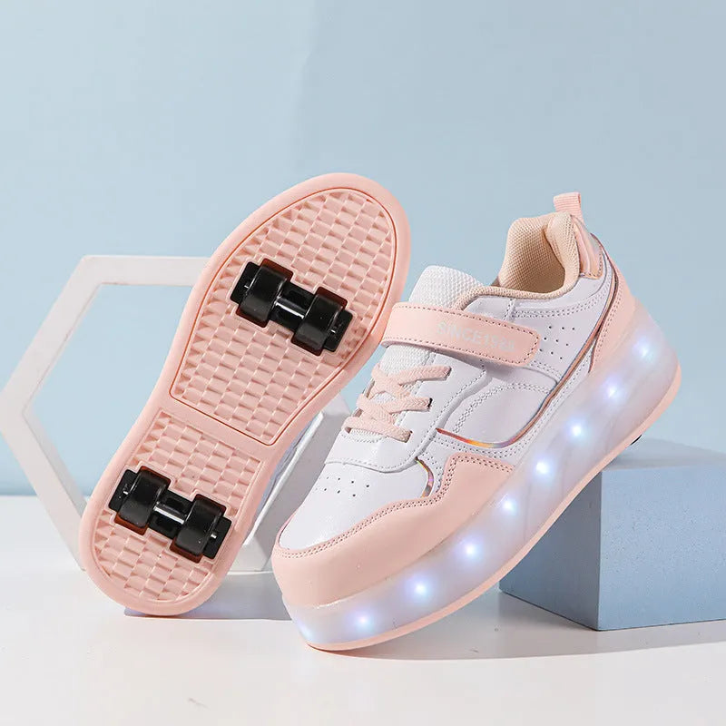 Charging flash rollerskates with LED lights in black, pink, purple, and white colours