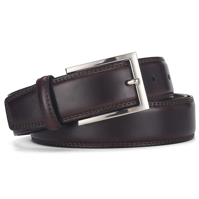 Men's genuine two-layer cowhide leather belt with alloy pin buckle in classic black or brown