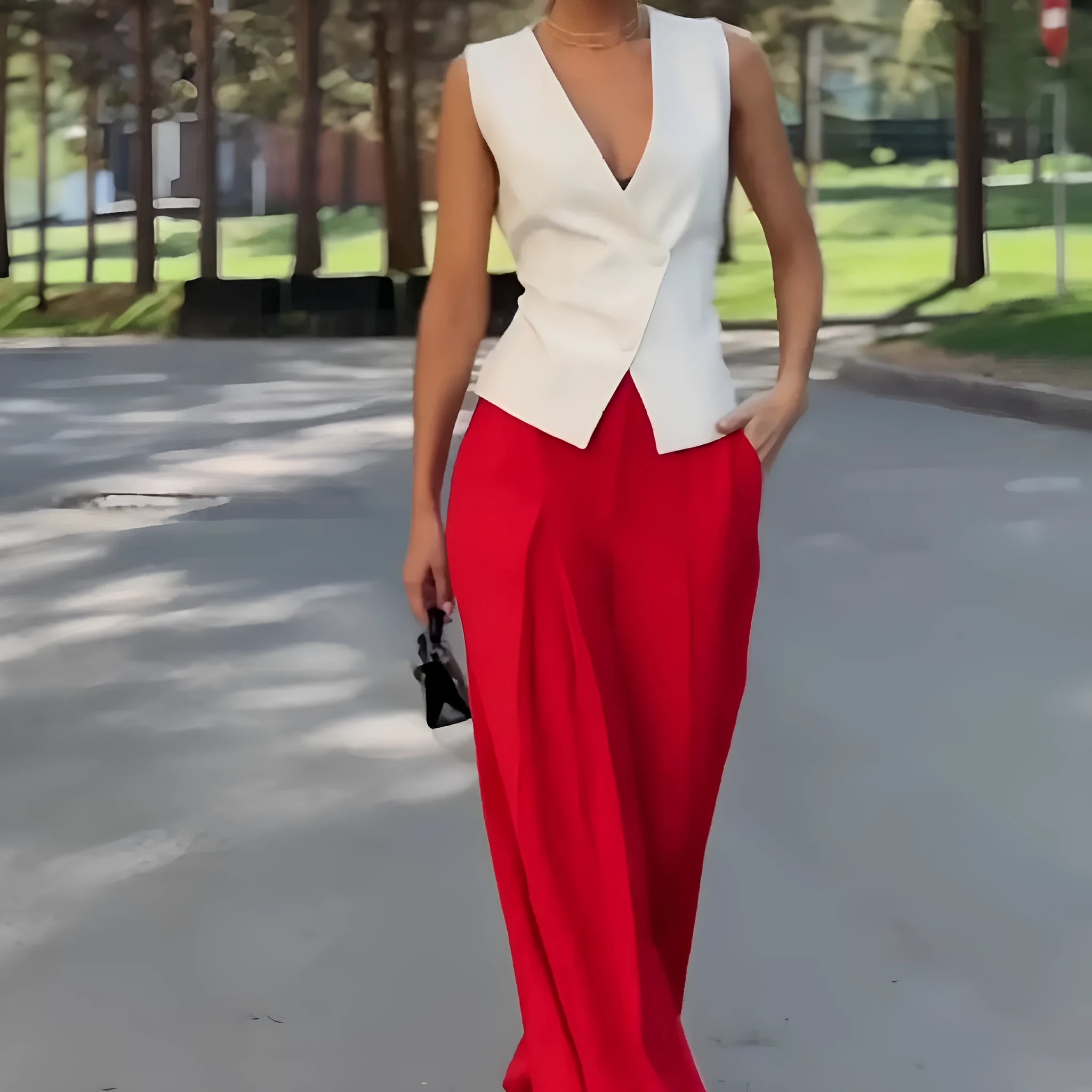 Beige women's sleeveless V-neck top and wide-leg high-waist trousers two-piece set laid flat.