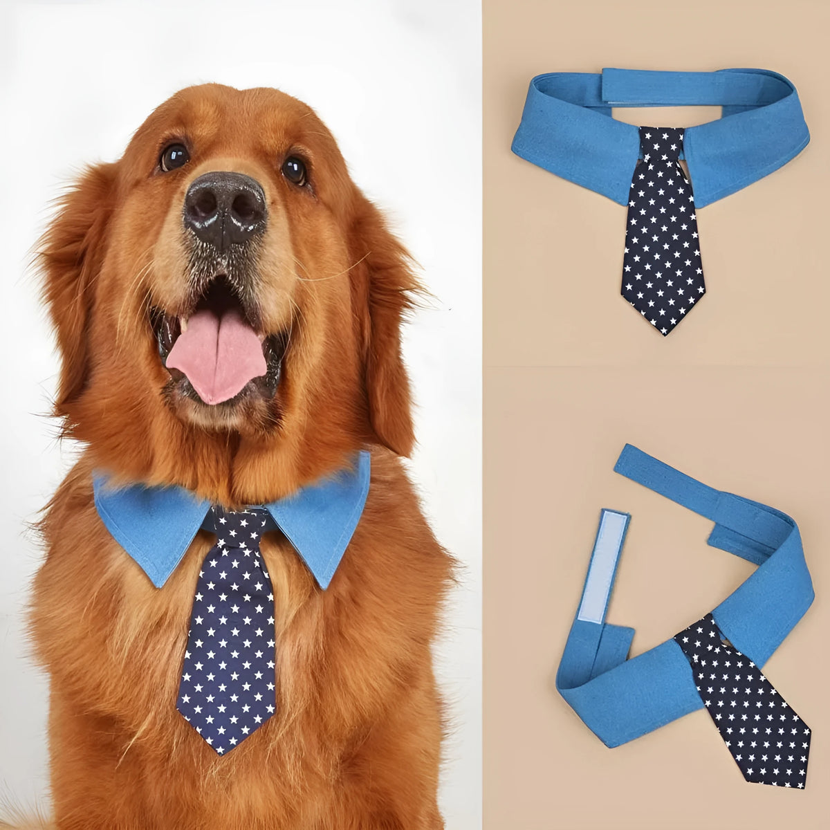 Adjustable denim dog collar with star-pattern bow tie attachment for formal occasions