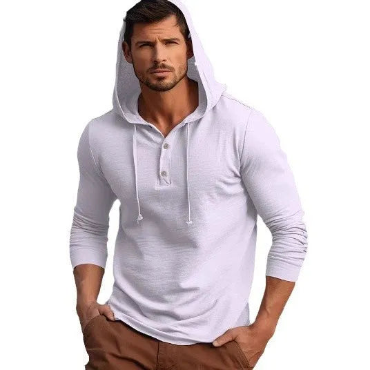 Long sleeve cotton pullover hoodie in dark blue, shown in European/American sizing.
